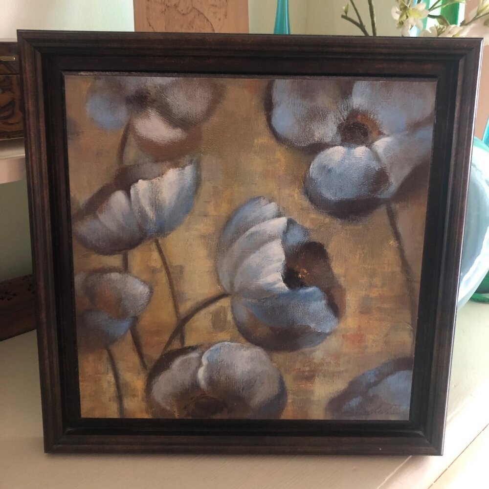 Flowers In Dusk by Silvia Vassileva Framed Art 14"X14" Blue Flowers